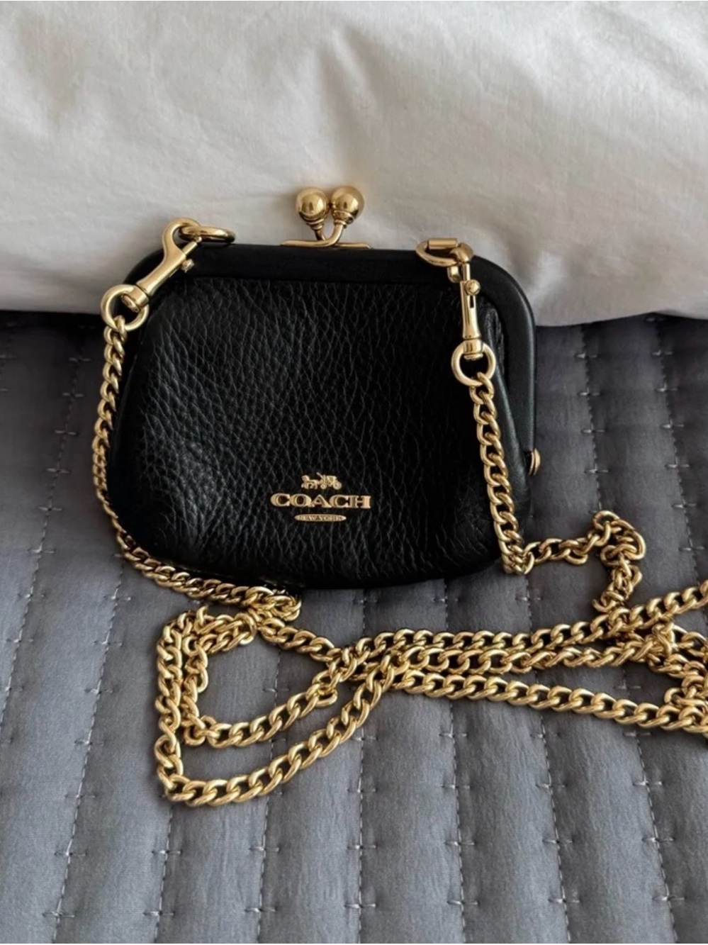 Coach Black Pebbled Leather Mini Crossbody with Gold Chain and Kiss-Lock